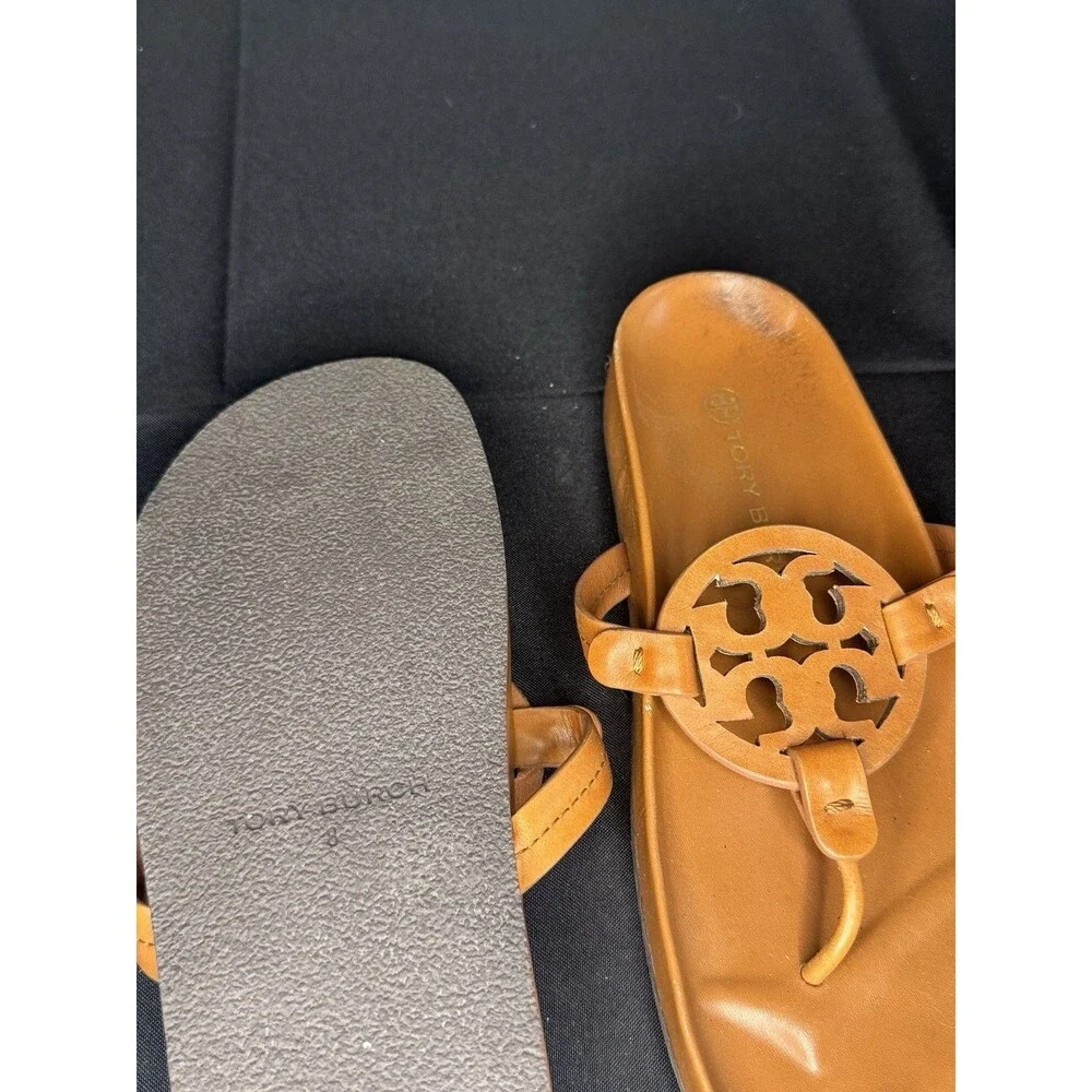 Tory Burch Women’s Brown Leather Logo Medallion Slip-On Thong Sandals Flat 8